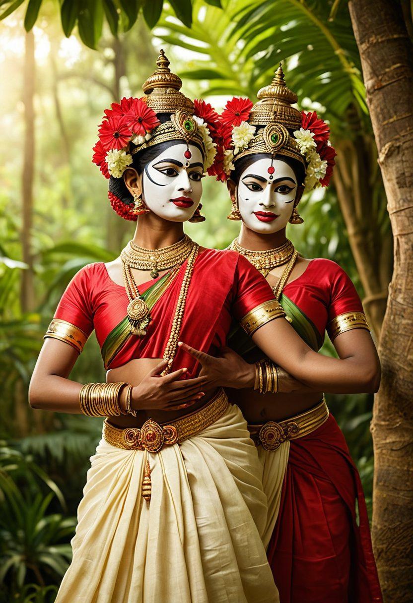 A vibrant and alluring scene depicting the rich culture of Keralite erotic entertainment. Include elements like traditional Kathakali masks, sensual dance poses, and lush green backdrops inspired by Kerala's landscapes. Add hints of tropical flowers and spices to evoke the essence of the region, while keeping a tasteful representation of desire and allure. The colors should be deep and inviting, with a soft yet captivating lighting effect to enhance the mood. super-realistic. vibrant colors. Kerala-inspired.