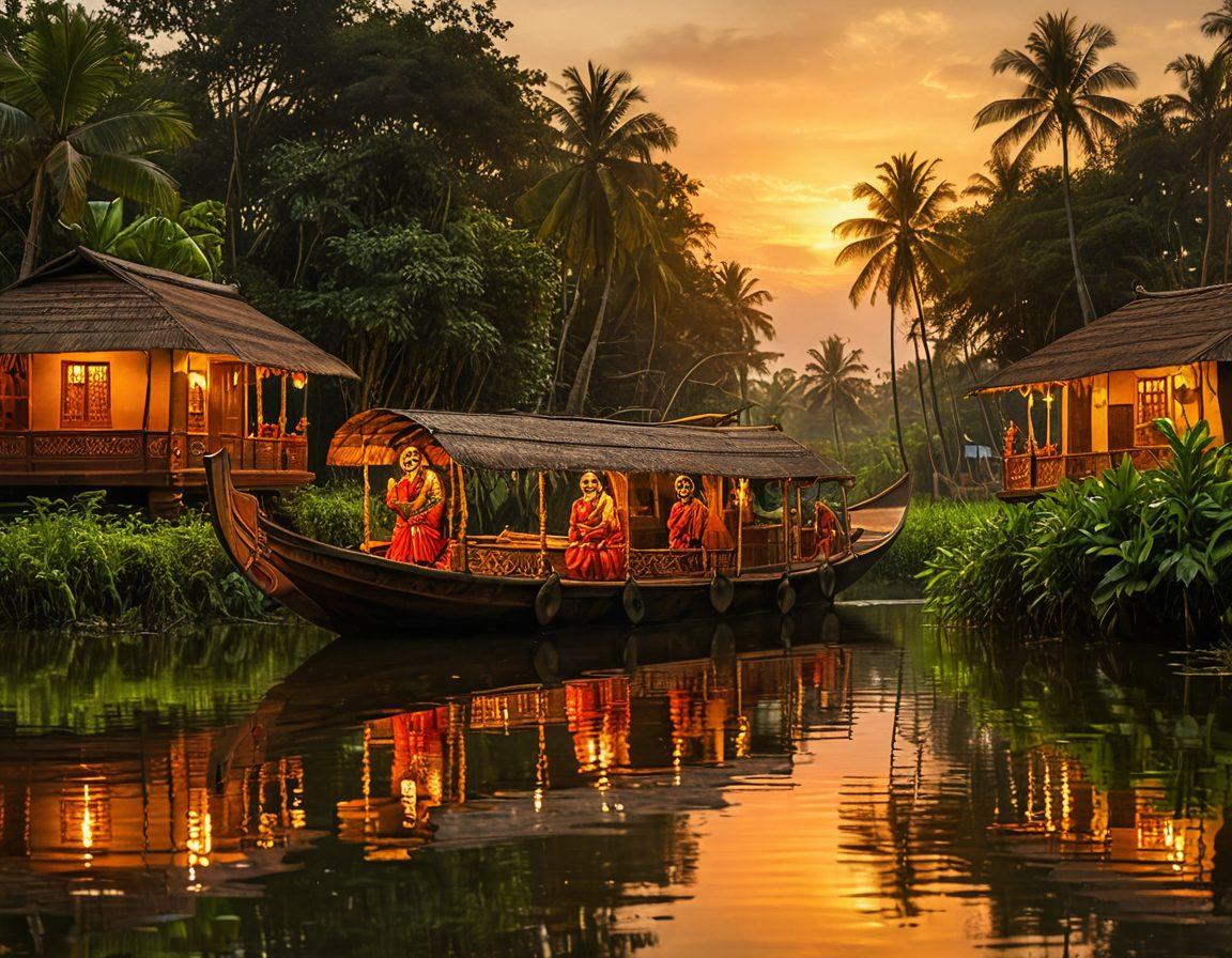 A vibrant collage showcasing the picturesque landscapes of Kerala with lush green backwaters, traditional houseboats, and vivid sunset colors, intertwined with iconic scenes of Malayalam cinema featuring dynamic characters and expressive storytelling. Include elements such as film reels and a backdrop of Kerala's cultural symbols like Kathakali masks and Theyyam dancers. Captured in a cinematic style to reflect the rise of media in Malayalam films. vibrant colors. cinematic style.