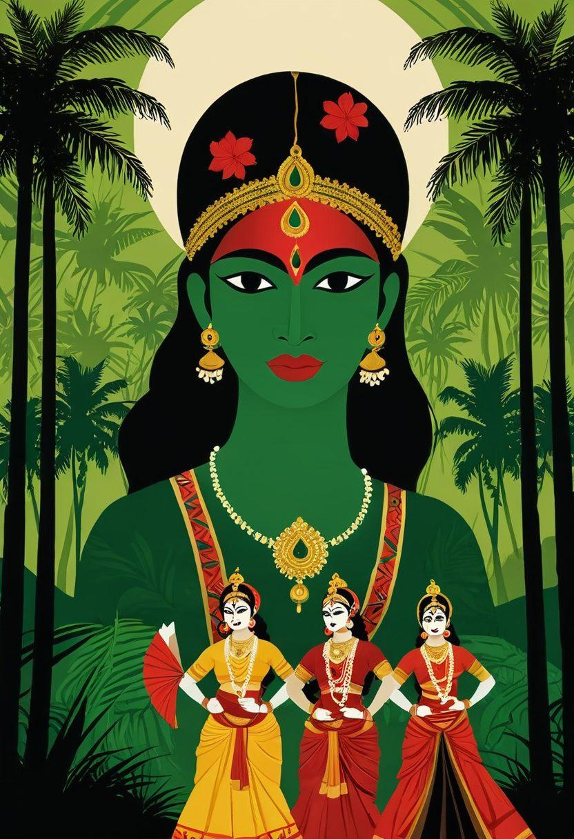 A captivating collage featuring iconic elements of Mallu cinema, such as lush Kerala landscapes, traditional Kathakali performers, and sensual yet artistic representations of passion and intimacy. The scene is infused with rich colors and textures, highlighting the vibrancy of the culture while maintaining an elegant aesthetic. Include atmospheric lighting to evoke mystery and allure. painterly style. vibrant colors. soft focus.